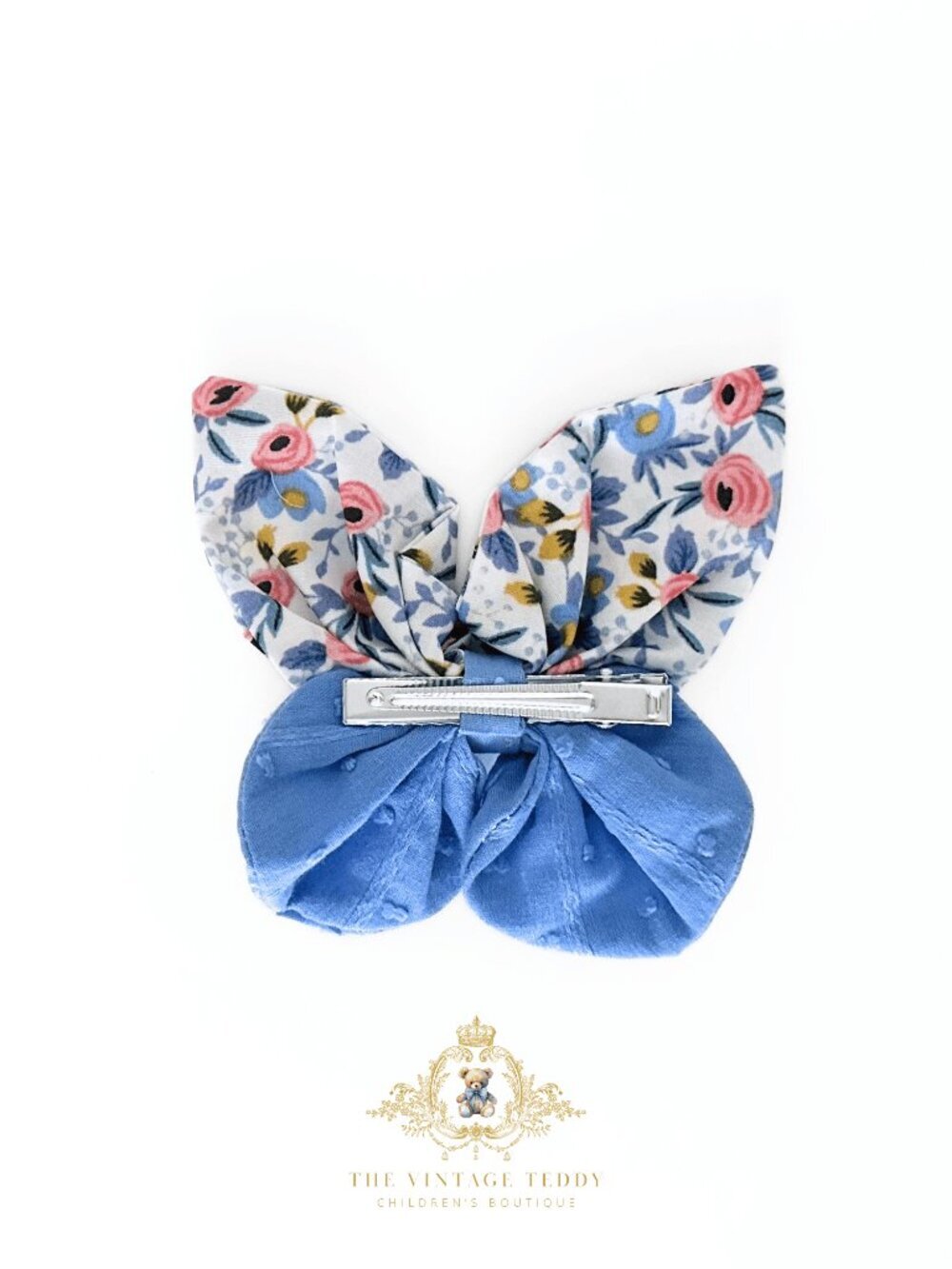 NWT Lovely Girls Butterfly Hair Bow Floral & Solid Fabric Blue & Pink 4" Inch - Picture 2 of 2